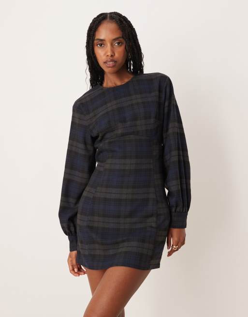 ASOS DESIGN long sleeve cinched mini dress in blue plaid
