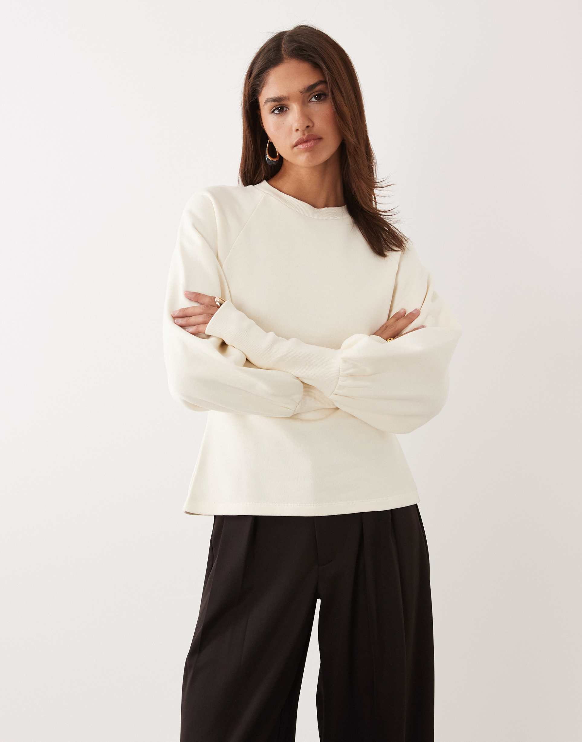 asos design long sleeve cinched top in buttermilk