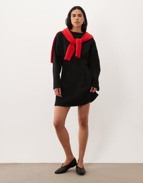 ASOS DESIGN long sleeve cinched waist mini dress in black - view 1