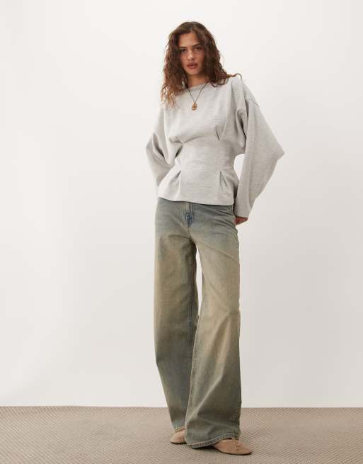 ASOS DESIGN long sleeve cinched waist top in grey, 2 of 4