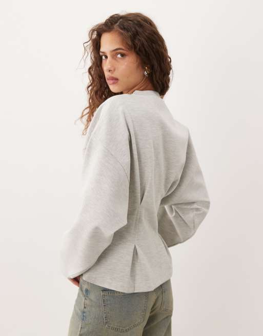 ASOS DESIGN long sleeve cinched waist top in grey, 4 of 4