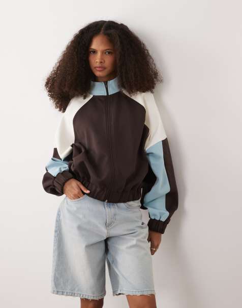 ASOS DESIGN interlock funnel neck zip through jacket co-ord with contrast panels in chocolate and light blue