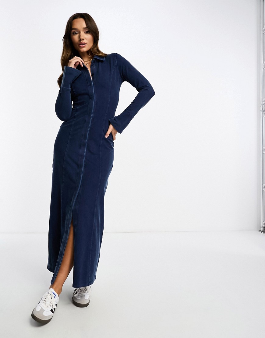 Asos Design Long Sleeve Collared Maxi Dress In Jersey Denim-blue
