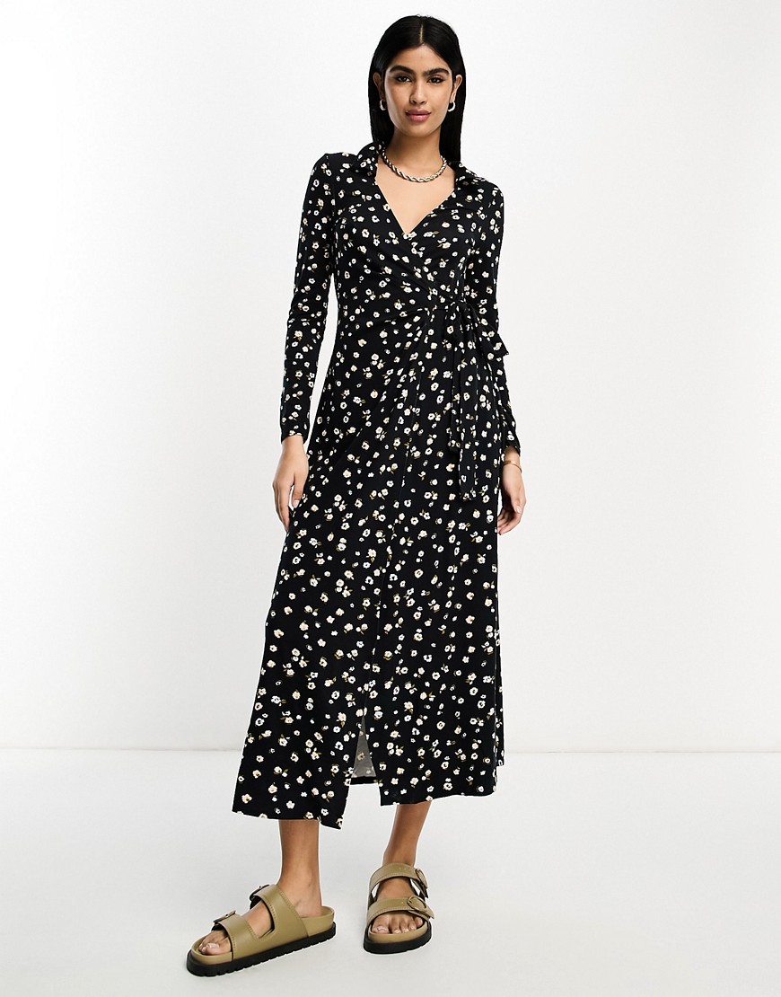 ASOS DESIGN long sleeve collared midi wrap dress in black floral ditsy print-Multi