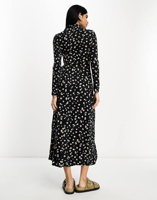 ASOS DESIGN long sleeve collared midi wrap dress in black floral ditsy print, 2 of 4