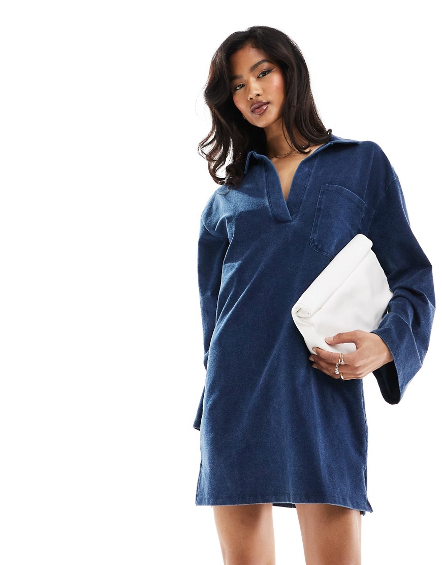ASOS DESIGN long sleeve collared oversized mini dress in blue denim wash
