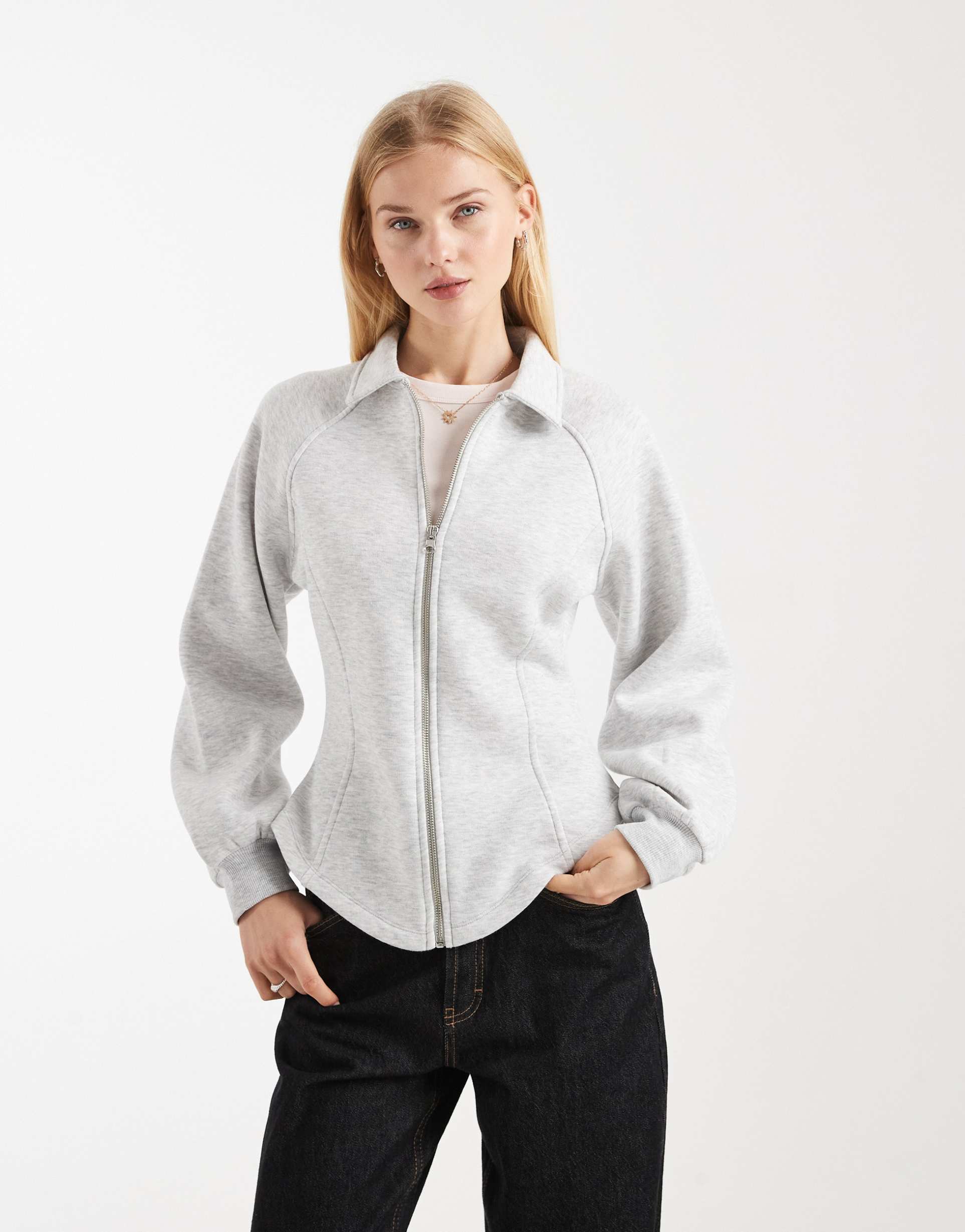 asos design long sleeve collared zip up top in gray