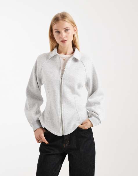 ASOS DESIGN long sleeve collared zip up top in grey