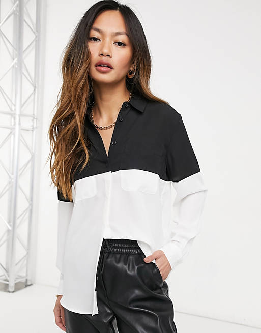 Women Shirts & Blouses/long sleeve colourblock shirt in mono print 
