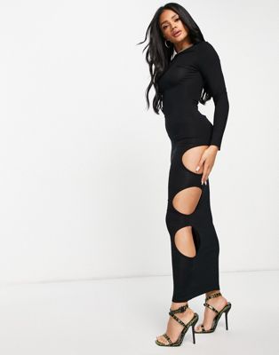 ASOS DESIGN long sleeve column maxi dress with cut outs in black - ASOS Price Checker