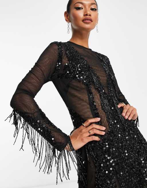 ASOS DESIGN long sleeve contoured sequin maxi dress in black