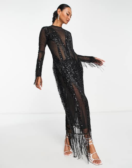 ASOS DESIGN sheer sequin mesh maxi dress with drape bodice and bodysuit in  black