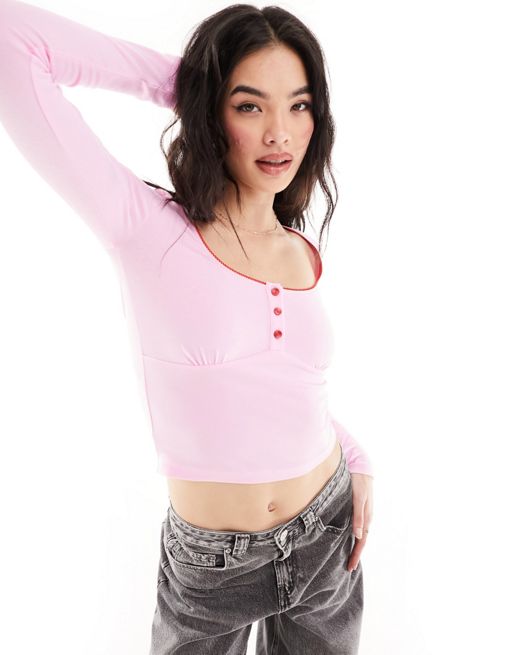 ASOS DESIGN pointelle button up top in pink