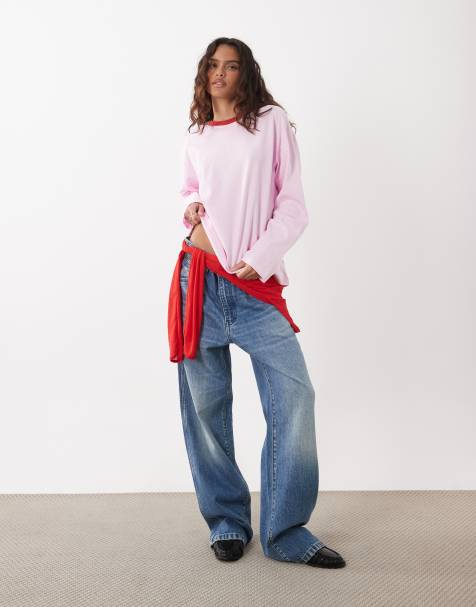 ASOS DESIGN long sleeve contrast neck t-shirt in pink - view 1