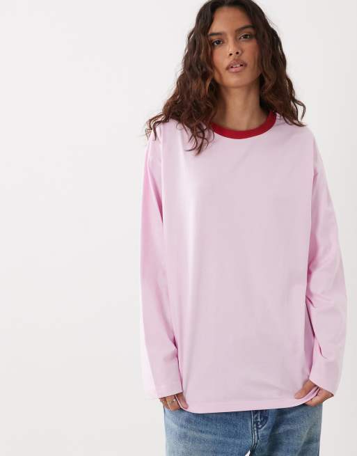 ASOS DESIGN long sleeve contrast neck t-shirt in pink, 2 of 4