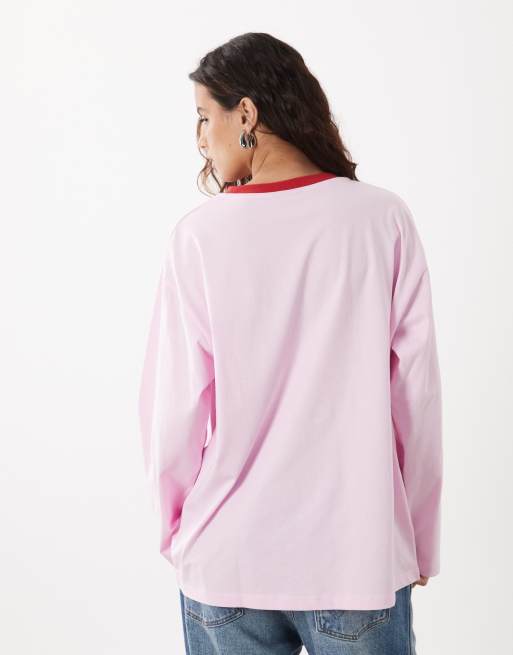 ASOS DESIGN long sleeve contrast neck t-shirt in pink, 3 of 4