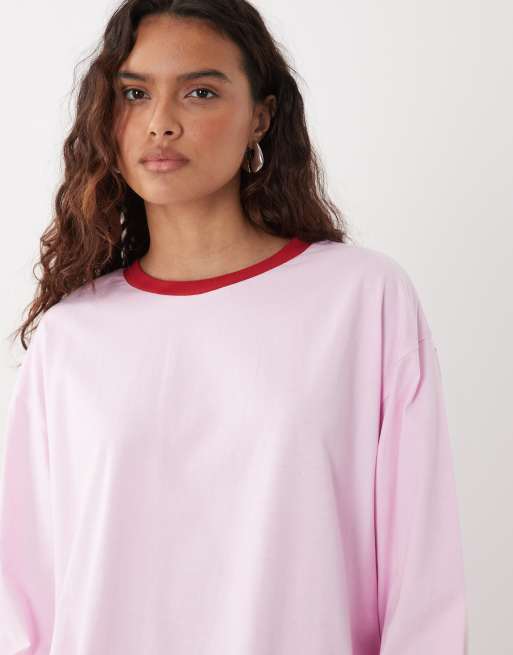 ASOS DESIGN long sleeve contrast neck t-shirt in pink, 4 of 4