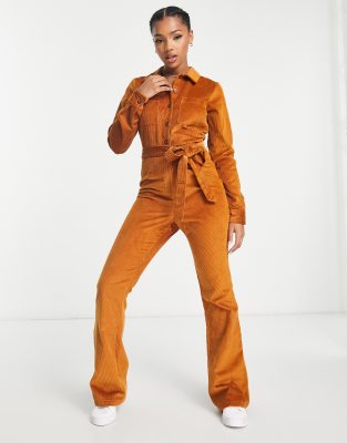 Asos Design Long Sleeve Cord Boilersuit In Rust-brown