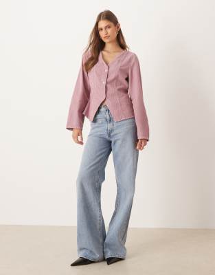 Asos Design Long Sleeve Corduroy Top With Cinched Waist-pink In Pink