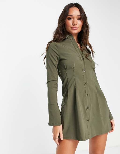 ASOS DESIGN long sleeve corset detail mini shirt dress in khaki