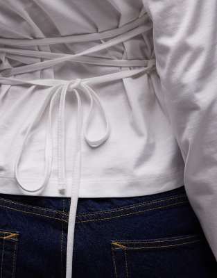 Asos Design Long Sleeve Corset T-shirt With Tie Back Lace Up Detail In White