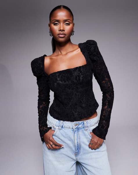 ASOS DESIGN long sleeve corset top in lace in black - view 1