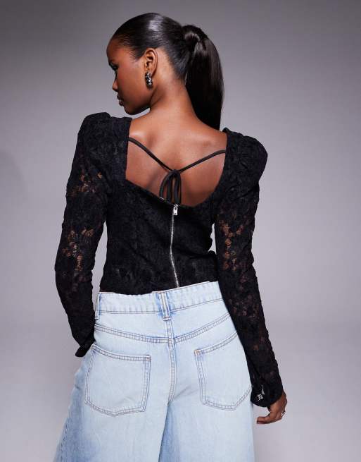 ASOS DESIGN long sleeve corset top in lace in black, 4 of 4