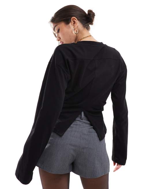 ASOS DESIGN long sleeve corset waist tee in black, 2 of 4