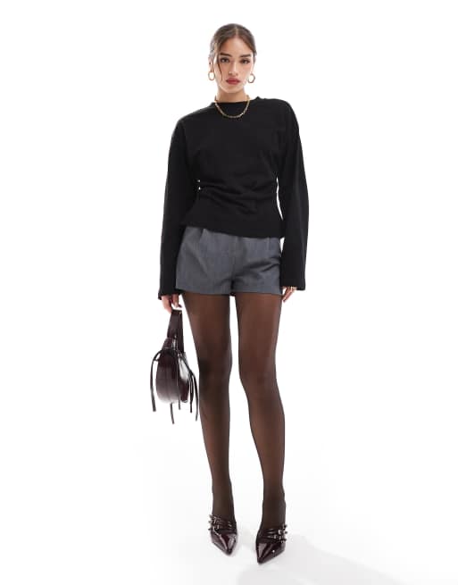 ASOS DESIGN long sleeve corset waist tee in black, 4 of 4