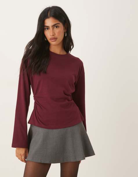 ASOS DESIGN long sleeve corset waist tee in burgundy - view 1