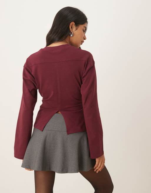ASOS DESIGN long sleeve corset waist tee in burgundy