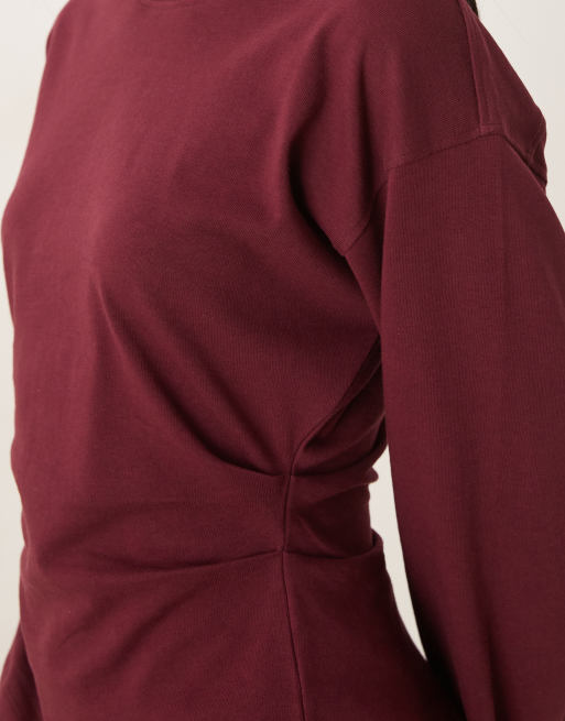ASOS DESIGN long sleeve corset waist tee in burgundy