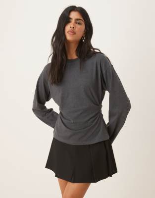 Asos Design Long Sleeve Corset Waist Tee In Gray