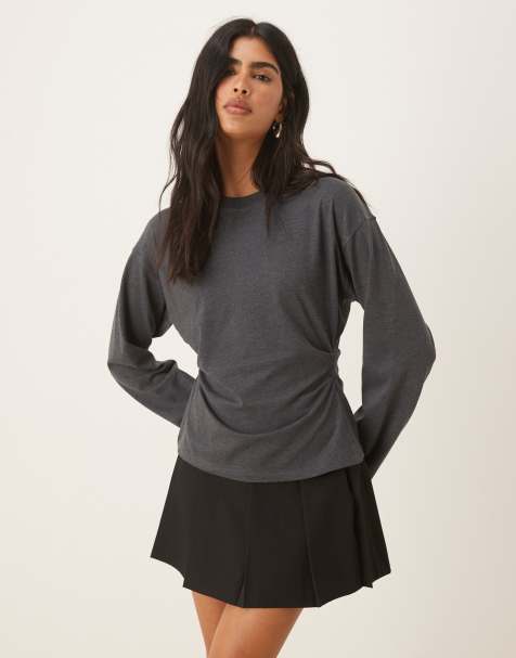 ASOS DESIGN long sleeve corset waist tee in charcoal - view 1