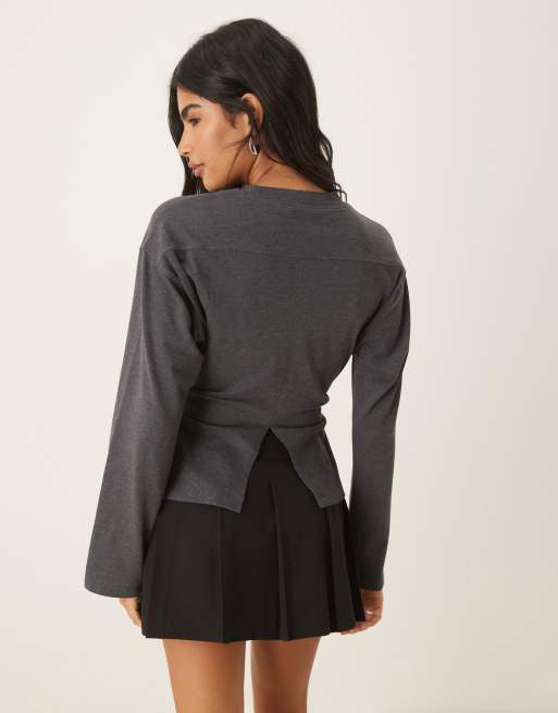 ASOS DESIGN long sleeve corset waist tee in charcoal
