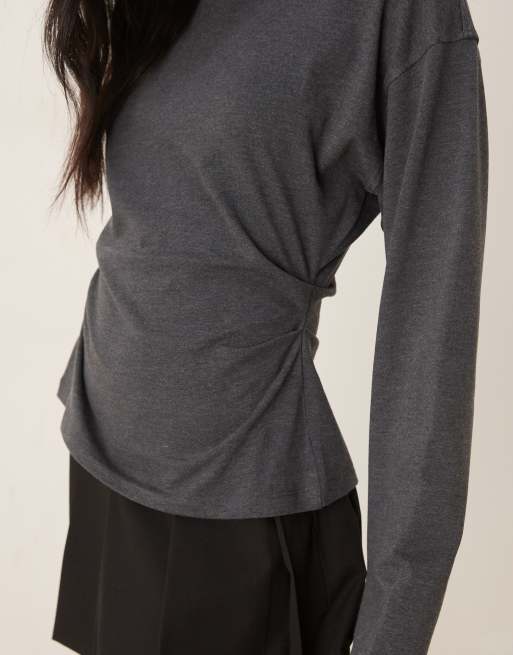 ASOS DESIGN long sleeve corset waist tee in charcoal