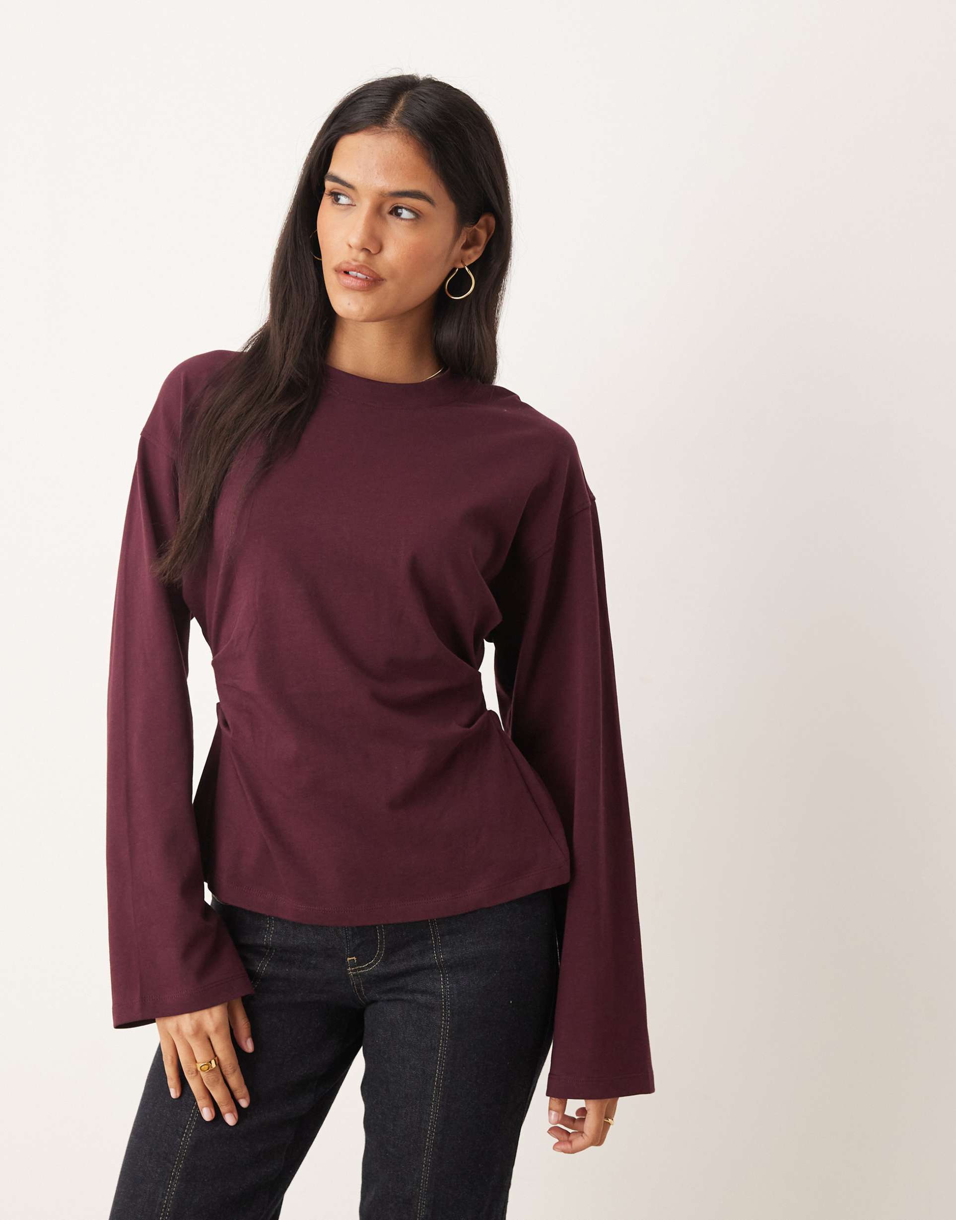 asos design long sleeve corset waist tee in plum