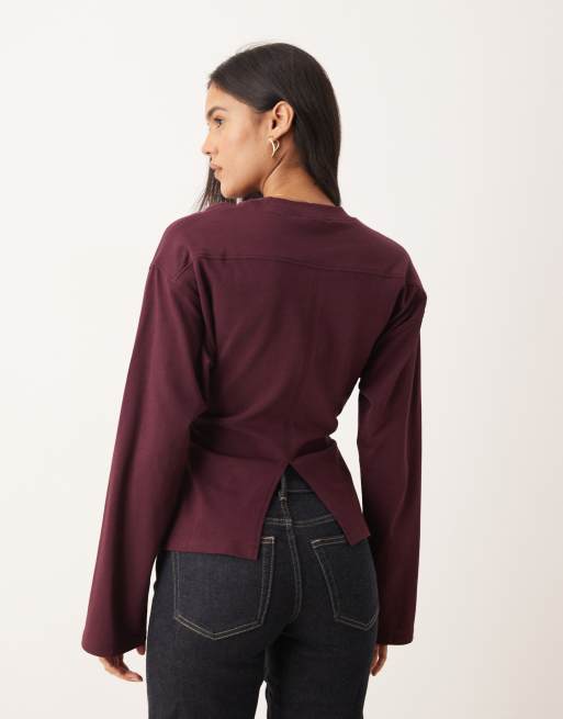 ASOS DESIGN long sleeve corset waist tee in plum, 4 of 4