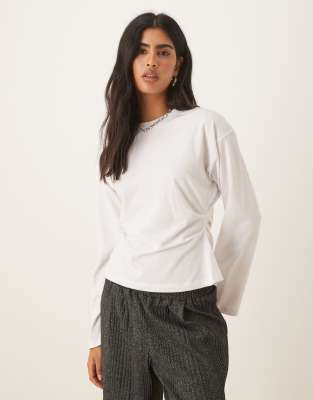 Asos Design Long Sleeve Corset Waist Tee In White