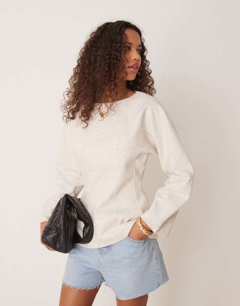 ASOS DESIGN long sleeve corset waist top inscuba-style fabric in oatmeal - BEIGE