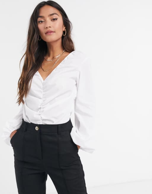 ASOS DESIGN long sleeve cotton body with ruched front in white | ASOS