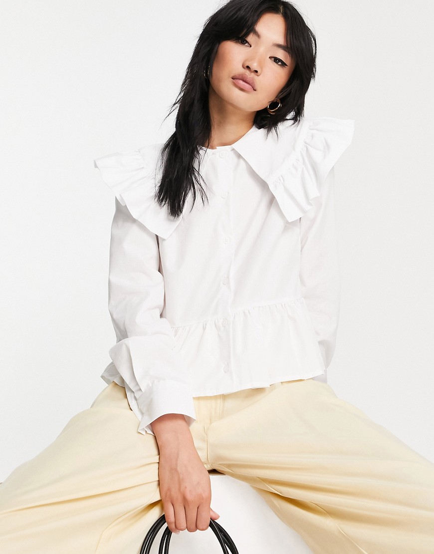 ASOS DESIGN long sleeve cotton ruffle blouse in ivory-White