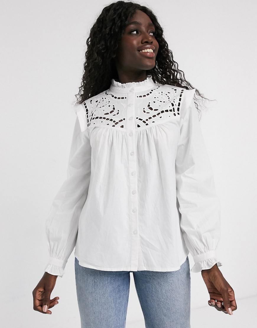 ASOS DESIGN long sleeve cotton shirt with cut out detail-White