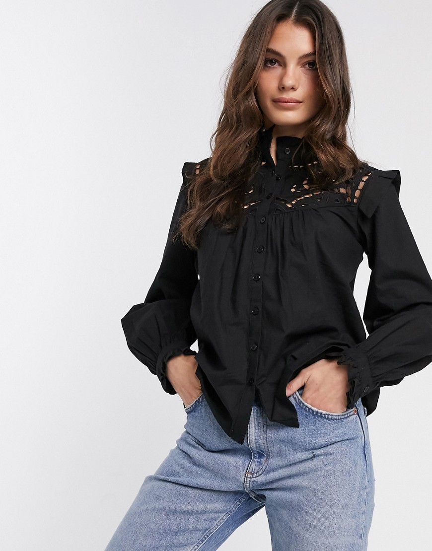 ASOS DESIGN long sleeve cotton shirt with cut out detail-Black