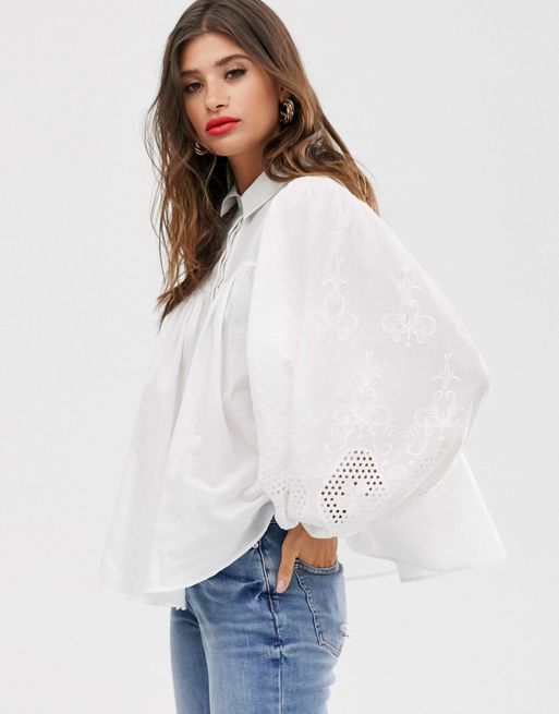 ASOS DESIGN long sleeve embroidered top in white