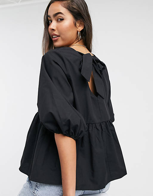 ASOS DESIGN long sleeve cotton smock top with pep hem in black | ASOS