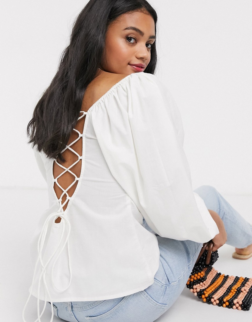ASOS DESIGN long sleeve cotton top with lace up back detail-No Colour