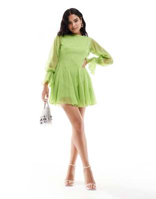 Asos Design Long Sleeve Cowl Back Mini Dress With Flare Panels In Lime Green