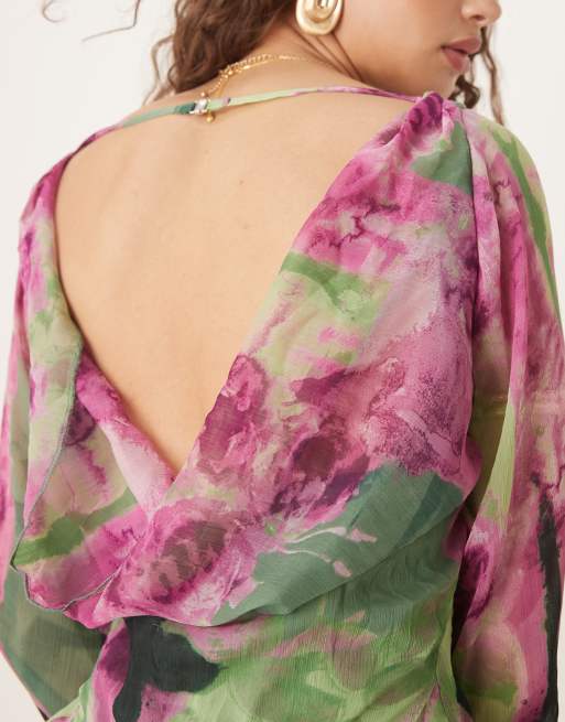 ASOS DESIGN long sleeve cowl back mini dress with godet in floral blur, 2 of 4