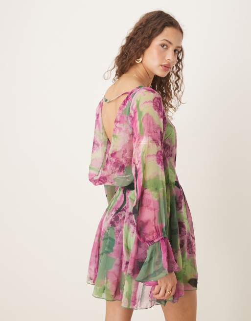 ASOS DESIGN long sleeve cowl back mini dress with godet in floral blur, 4 of 4